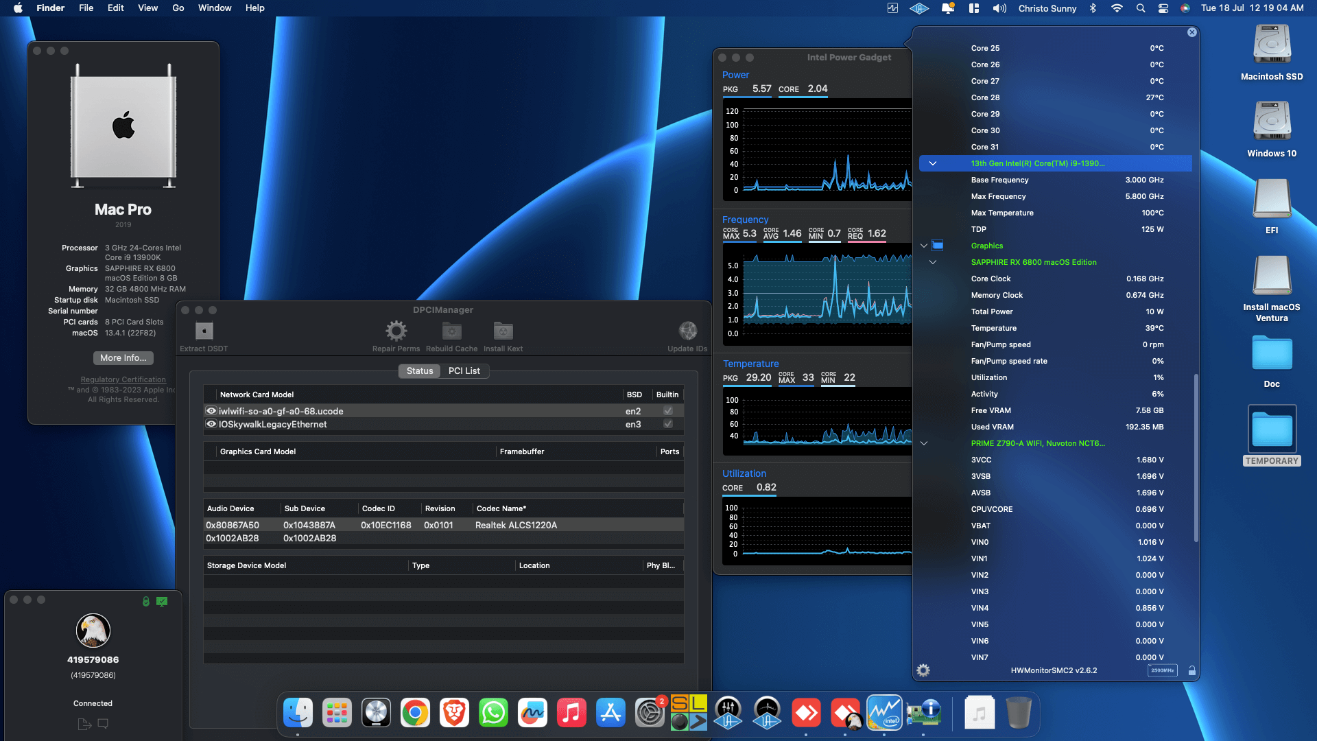 Success Hackintosh macOS Ventura 13.4.1 Build 22F82 in Asus Prime Z790-A Wifi + Intel Core i9 13900K + Sapphire RX 6600